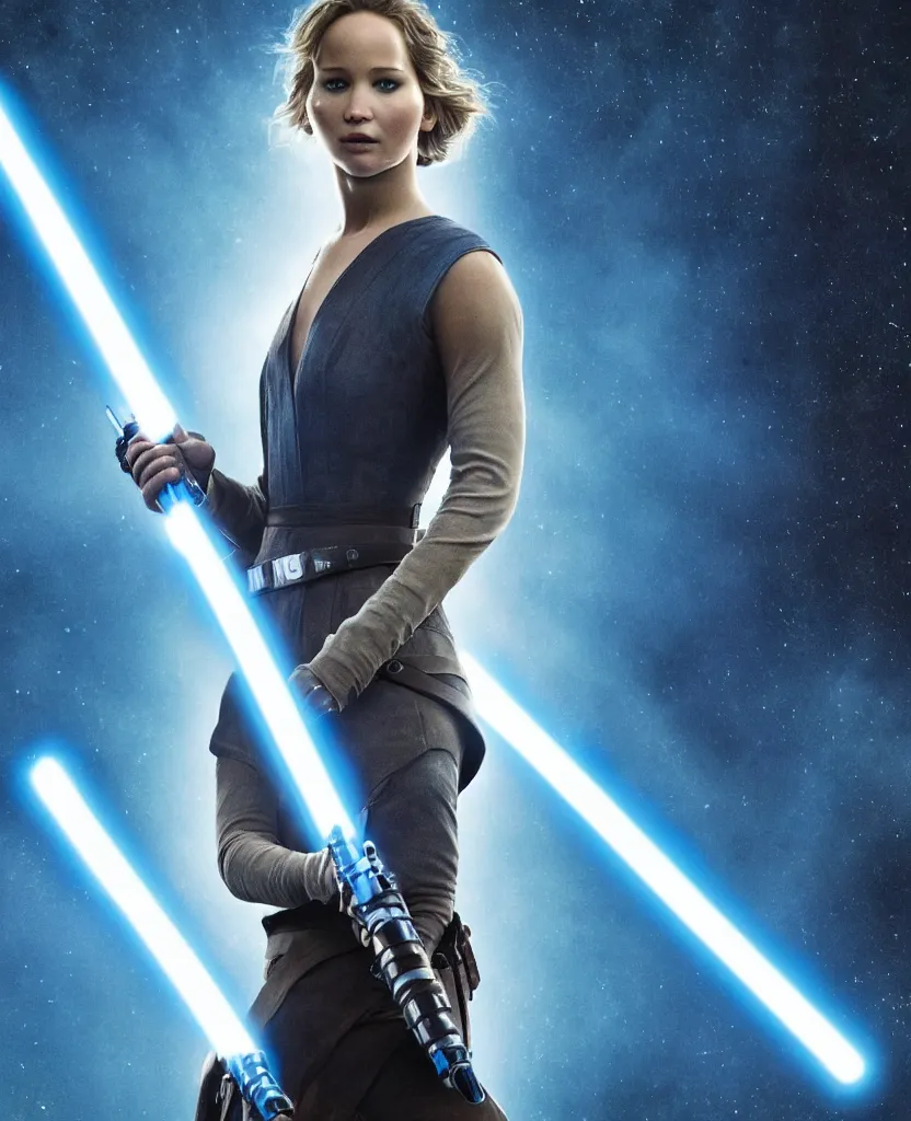 Image similar to jennifer lawrence as a jedi holding up a blue lightsaber, very dark background, official new star wars episode xi movie poster from lucas arts, perfect symmetrical face, full moon, moody lighting, 8 k, shallow depth of field, intricate detail,