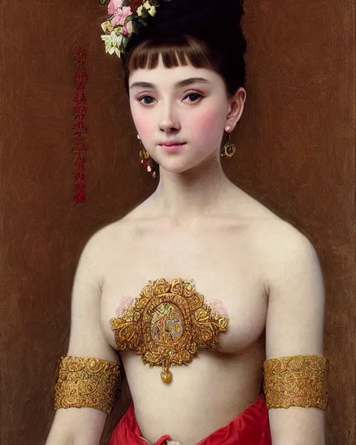 Image similar to a girl who resembles a 16-year old Audrey Hepburn and Scarlett Johansson, dressed in ornate, detailed, intricate Chinese imperial robes, detailed oil painting by William Adolphe Bouguereau and Donato Giancola