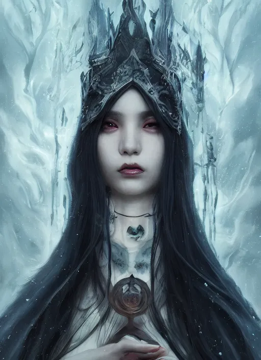 Image similar to breathtaking detailed painting of evil fantasy sorceress, dark castle setting, with anxious, piercing eyes, by Hsiao-Ron Cheng, James jean, Miho Hirano, Hayao Miyazaki, extremely moody lighting, hyperrealistic, octane render, RPG portrait, ambient light, dynamic lighting