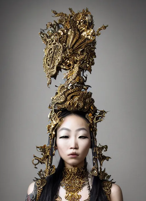 Image similar to a portrait of pan - asian female by stefan geselle and nekro borja, photorealistic, intricate details, hyper realistic, fantasy, elegant, baroque gold headpiece, photorealistic, canon r 3, photography, wide shot, symmetrical features, symmetrical pose, wide angle shot, head to toe, standing pose, feet on the ground, wearable art