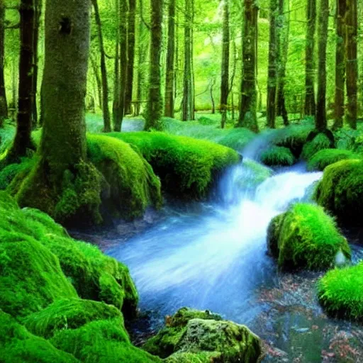 Image similar to 3 0 round pools of water in a forest, the wood between the worlds, narnia, cs lewis, lush green forest, moss and ferns, ferns,