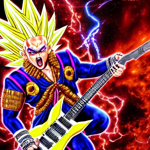 Prompt: uhd photorealistic detailed image of max voltage, the rock and roll emperor, dressed as super saiyan emperor, powering up, wearing extremely intricate rock and roll emperor costume and emperor makeup, with an emperor's electric guitar, by ayami kojima, amano, and karol bak