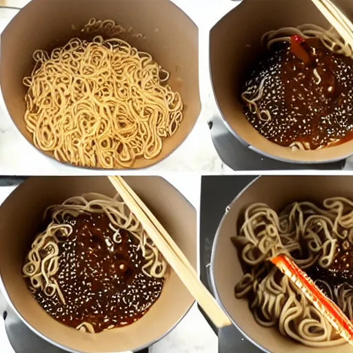 Prompt: making of an edible giraffe from noodles and soy sauce in 4 steps, starting with a bowl of noodles and ending with a noodle giraffe, each step is a progression from the last, dslr