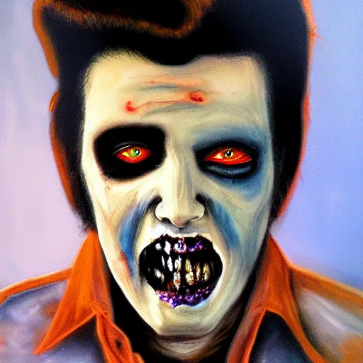 Prompt: UHD photorealistic Zombie Elvis in the style of tonalism