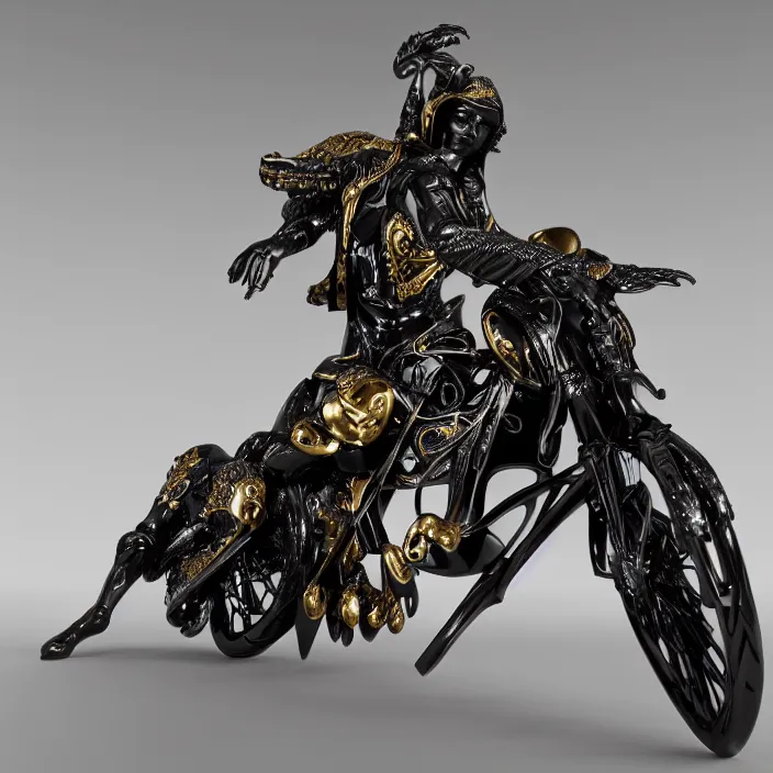 Image similar to fine art statue of masculine black egyptian god on a surrealist motorcycle, ebony art deco, carved black marble, inlaid with ebony and gold accents, ebony rococo, wings black lace wear, sculpted by spider zero, zaha hadid, beautifully lit, hyper detailed, intricate, elite, ornate, photorealistic, micro details, 3 d sculpture, ray trace