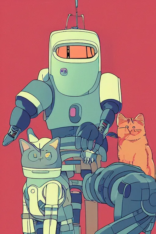 Image similar to amazing digital artwork of a robot protecting a cat, studio ghibli, colorful, anime style, azure tones, color bleed, grain, high resolution, artstation