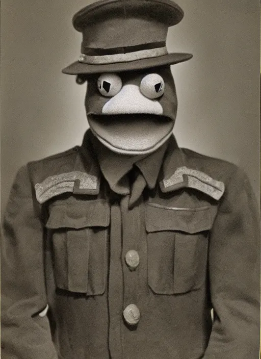 Prompt: grainy 1940’s WWII military portrait of an anthropomorphic frog muppet dressed like a soldier, professional portrait HD, frog, frog head, authentic, Kermit, muppet