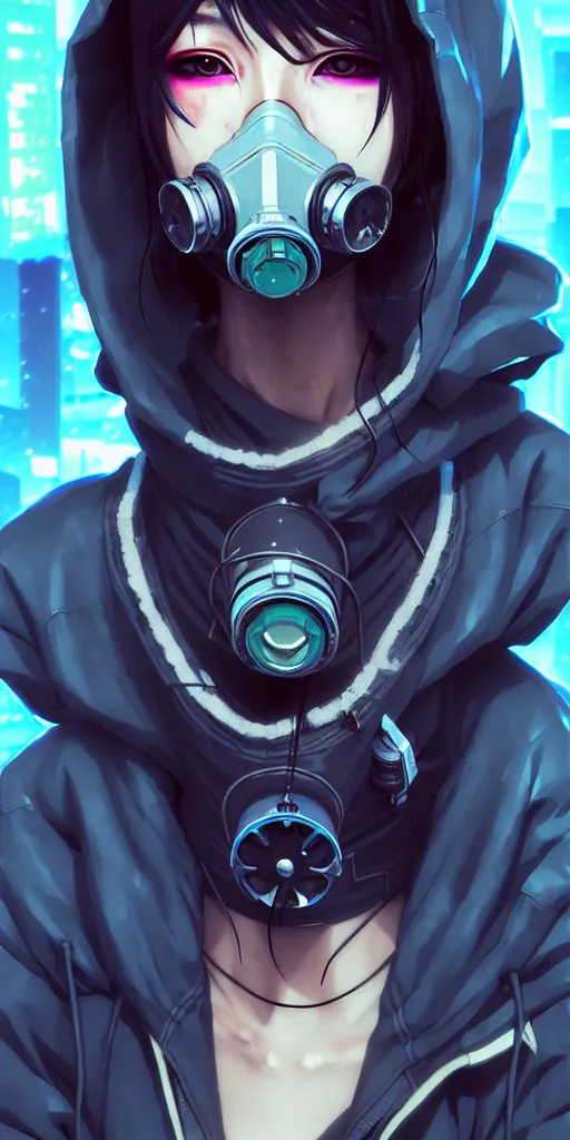 Image similar to cyberpunk anime girl in hoodie, cyberpunk gas mask, 3 / 4 shot, street night, grafity, beautiful face, grafity, arcane, action, tokyo street, detail, good face, pose model, concept art, in style of yoji shinkawa, pan ren wei, col price, atey ghailan, by greg rutkowski, aesthetic