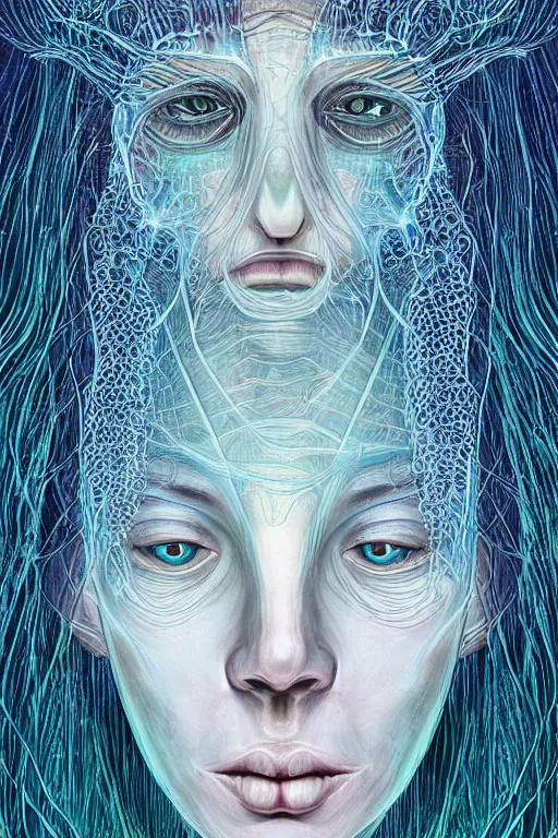 Prompt: dark underwater portrait of a Bioluminescent ancient woman, with reaction diffusion semi-transparent skin. face closeup. long intricate dark hair, with jellyfish. very high detail, illustration, by alex grey and Ilya Kuvshinov
