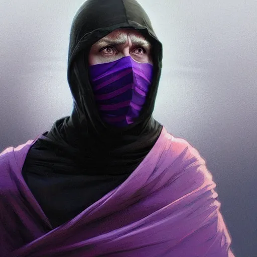 Image similar to ultra realistic illustration, man in a black hood, in a striped purple balaclava, mysterious, highly detailed, digital painting, artstation, concept art, smooth, sharp focus, illustration, art by artgerm and greg rutkowski and alphonse mucha