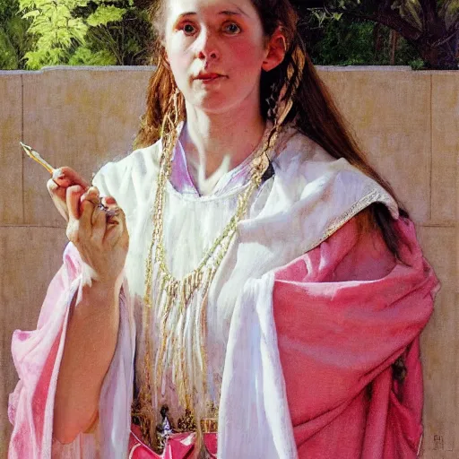 Image similar to a frontal portrait of a young priestess, dressed in white and pink, ( so happy, her face hurts ), by donato giancola and norman rockwell.