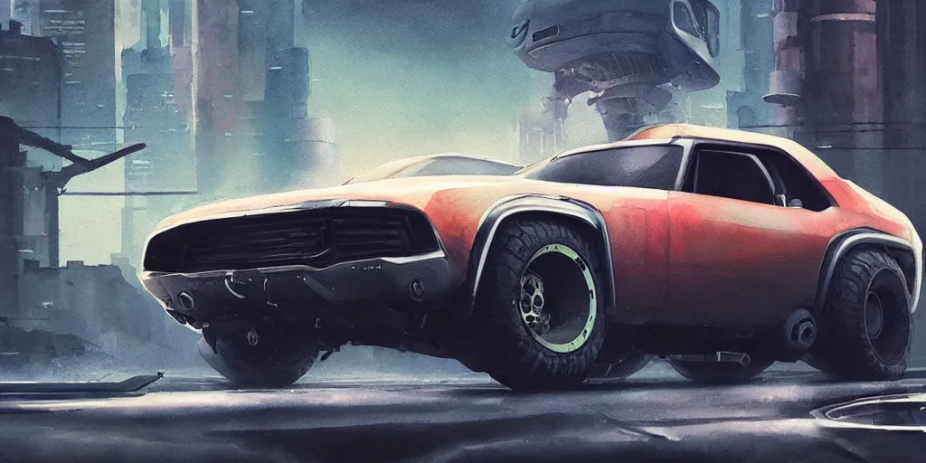 Image similar to vintage muscle car design, futuristic, kyza, ash thorp, simon stalenhag, hard surface, cyberpunk , sci-fi, wide body, sport car, exotic, in watercolor gouache detailed paintings