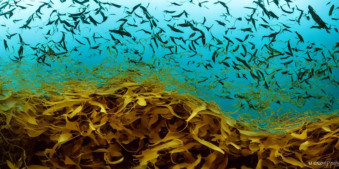 Image similar to Kelp forest off the coast of La Jolla Bay, giant kelp in large amounts, Garibaldi, California Sheephead, Sargo, Leopard sharks swimming in between the kelp. View from below, underwater photography. Afternoon glow, June 19th. Trending on Artstation, deviantart, worth1000. By Greg Rutkowski. National Geographic and iNaturalist HD photographs