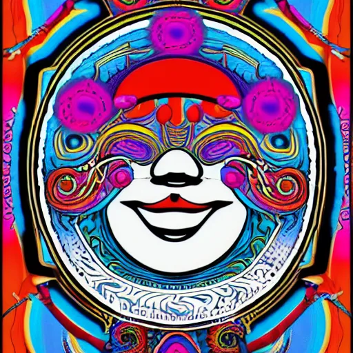 Prompt: Fillmore concert poster for The Bozone by Wes Wilson and Rick Griffin, psychedelic, intricate paisley filigree Bozo the clown. red clown nose, mandala, day-glo colors, blue and white color scheme, flowing lettering