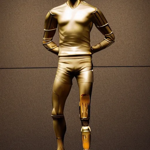 Image similar to a realistic detailed photo of a guy who is an attractive humanoid who is half robot and half humanoid, who is a male android, soccer players martin ødegaard, shiny skin, posing like a statue, blank stare, in a museum, on display, showing off his muscles, gold soccer shorts, no jersey, ground view, ceramic statue