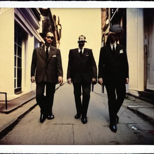 Prompt: wide-shot low angle of empty formal suits walking down the Night Vale street, polaroid photo, by Andy Warhol