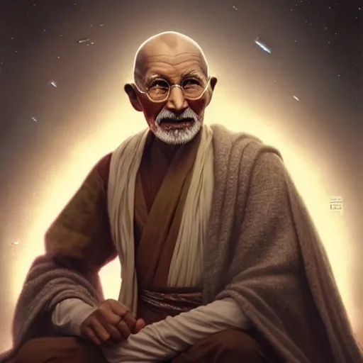 Image similar to a photorealistic portrait of ghandi as a jedi in star wars cinematic lighting, photorealistic, octane render, 8 k, depth of field, 3 d, art by artgerm and greg rutkowski and alphonse mucha and uang guangjian and gil elvgren and sachin ten