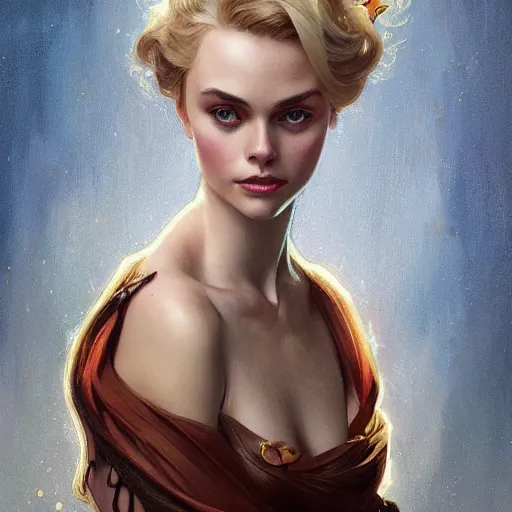 Image similar to portrait of margo Robbie, fantasy, intricate, elegant, highly detailed, digital painting, artstation, concept art, smooth, sharp focus, illustration, art by artgerm and greg rutkowski and alphonse mucha