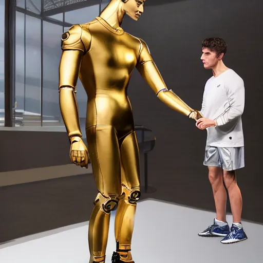 Image similar to a realistic detailed photo of a guy who is an attractive humanoid who is half robot and half humanoid, who is a male android, attractive and handsome soccer players, shiny skin, posing like a statue, blank stare, in a factory, on display, showing off his muscles, gold soccer shorts, side view, looking at each other mindlessly