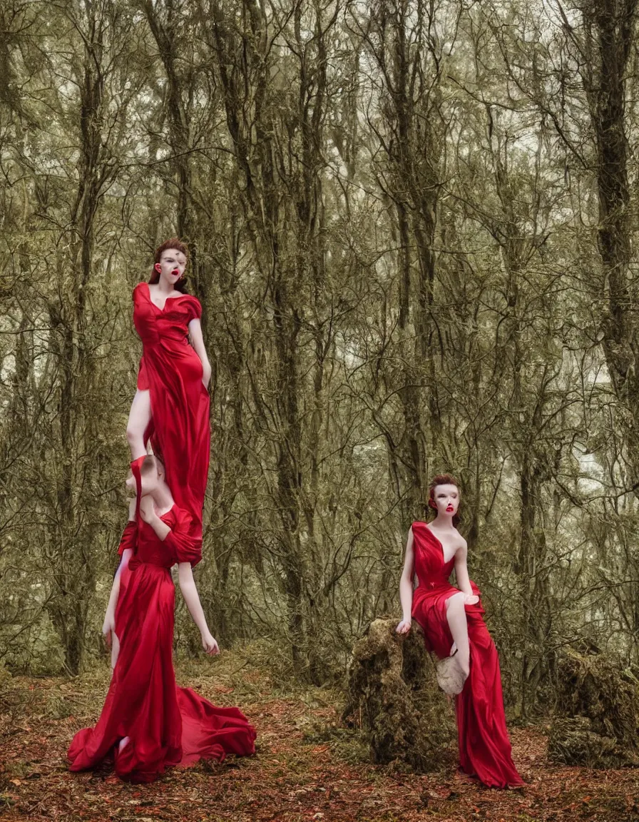 Prompt: hyper - realistic marble sculpture of anya taylor joy, red lipstick, vogue photoshoot, glamour, long dress, foggy forest at night, abandoned, gloomy, cloudy, full moon, darkness, hard lighting, full body portrait, photography