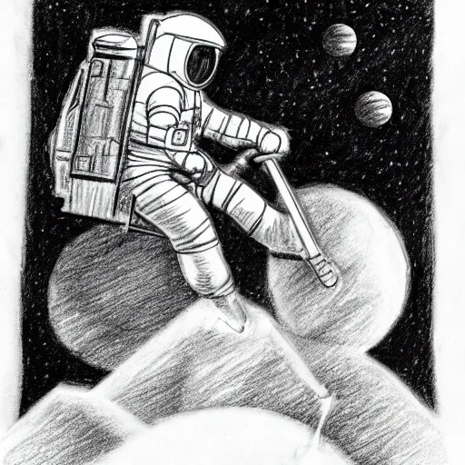 Prompt: Pencil drawing of a spaceman riding a pony on the moon