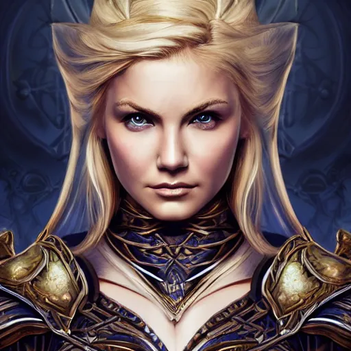 Prompt: head-on centered symmetrical painted portrait, Elisha Cuthbert as a paladin, blonde hair, ornate mithril armour, dramatic lighting, intricate, fantasy, intricate, elegant, highly detailed, digital painting, smooth, sharp focus, illustration, dramatic lighting, artstation, in the style of Artgerm and Anna Podedworna