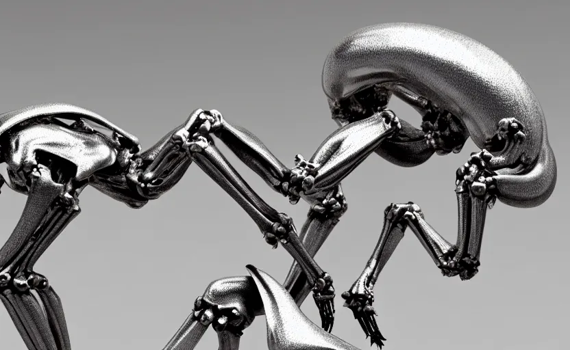 Image similar to stylized shiny polished silver statue full body extra limbs bizarre cosmic horror quadruped animal ( skeleton ) four legs made of marble of slug creature tendrils, perfect symmetrical body, perfect symmetrical face, hyper realistic, hyper detailed, by johannen voss, by michelangelo, octane render, blender, 8 k, displayed in pure white studio room