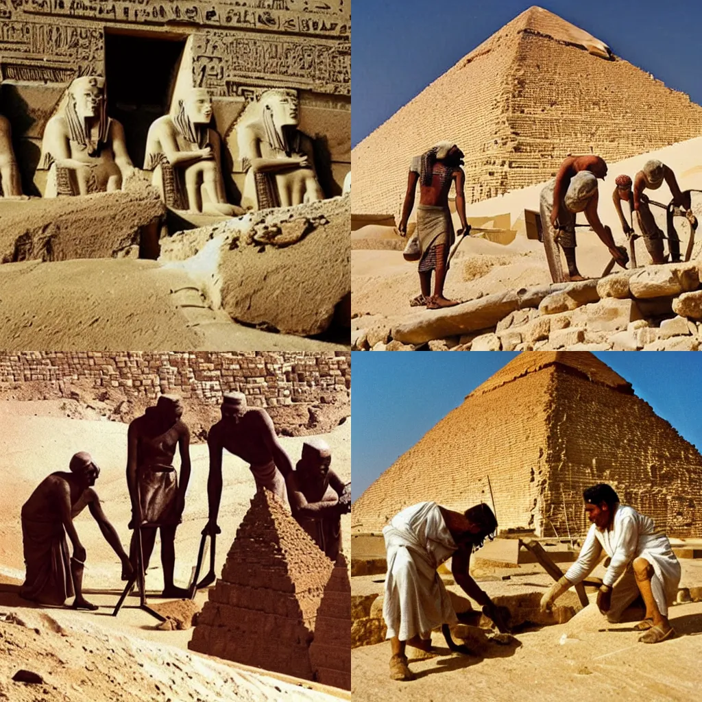 Prompt: photo of ancient egyptians building the great pyramids, 4 k