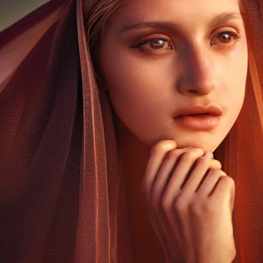 Image similar to closeup portrait of a stunningly beautiful female, silk veil at sunset, fashion photoshoot, by edward robert hughes, annie leibovitz and steve mccurry, david lazar, jimmy nelsson, breathtaking, 8 k resolution, extremely detailed, beautiful, establishing shot, artistic, hyperrealistic, beautiful face, octane render