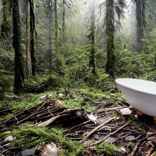 Image similar to pristine porcelain bath filled with bubbles in a clearcut rainforest, slash and burn, cleared forest, deforestation, bubble bath, overflowing with bubbles, tree stumps, smouldering charred timber