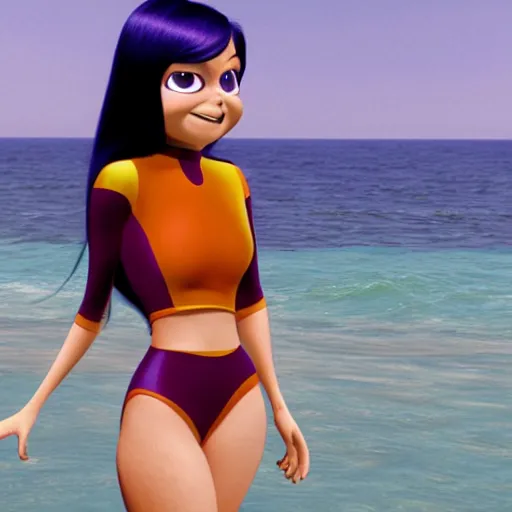 Prompt: realistic photo of Violet Parr from The Incredibles in a two-piece dress at the beach