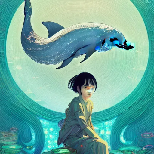 Image similar to a beautiful hyperdetailed character design 4 k wallpaper illustration of a cute dolphin, victo ngai cyberpunk style, from china, style of studio ghibli, makoto shinkai, raphael lacoste, louis comfort tiffany, artgerm, james jean, ross tran, chinese style