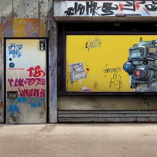 Image similar to incredible wide screenshot, ultrawide, simple watercolor, rough paper texture, ghost in the shell movie scene, backlit distant shot of girl in a parka running from a giant robot invasion side view, yellow parasol in deserted dusty shinjuku junk town, broken vending machines, bold graphic graffiti, old pawn shop, bright sun bleached ground, mud, fog, dust, windy, scary robot monster lurks in the background, ghost mask, teeth, animatronic, black smoke, pale beige sky, junk tv, texture, brown mud, dust, tangled overhead wires, telephone pole, dusty, dry, pencil marks, genius party,shinjuku, koji morimoto, katsuya terada, masamune shirow, tatsuyuki tanaka hd, 4k, remaster, dynamic camera angle, deep 3 point perspective, fish eye, dynamic scene