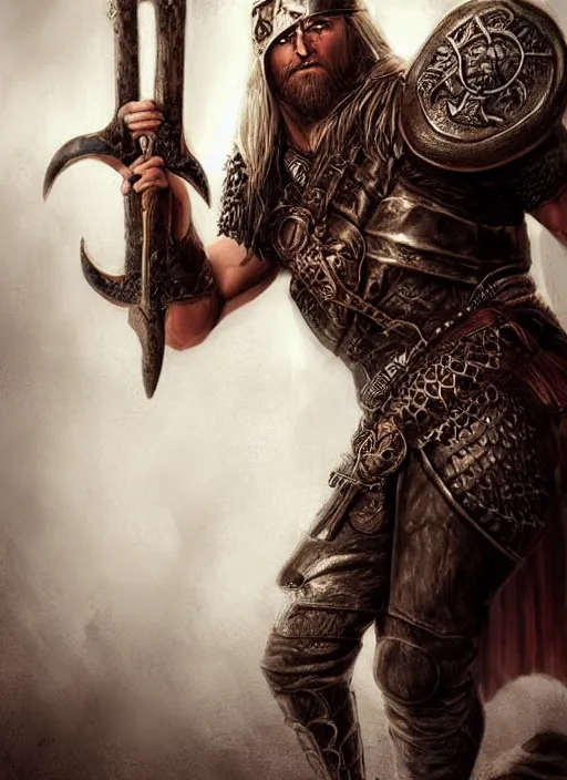 Image similar to aesthetic digital illustration of a kneeling viking warrior, by anne stokes | dirty and bloody, concept art, character concept, matte background. unreal engine, finalrender, centered, deviantart, artgerm