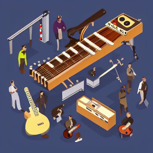 Image similar to isometric view of a large instrument machine, rube goldberg style, made of instruments, guitar, drum, beautiful