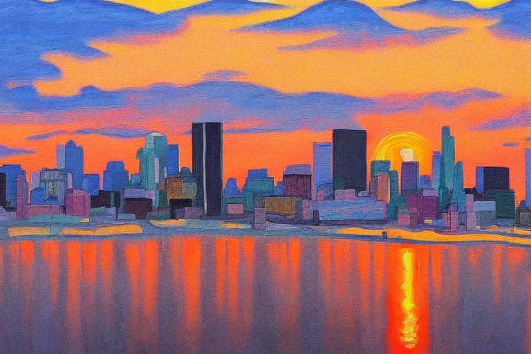 Image similar to winnipeg skyline, sunset, painting by tom thompson, group of seven, 4 k