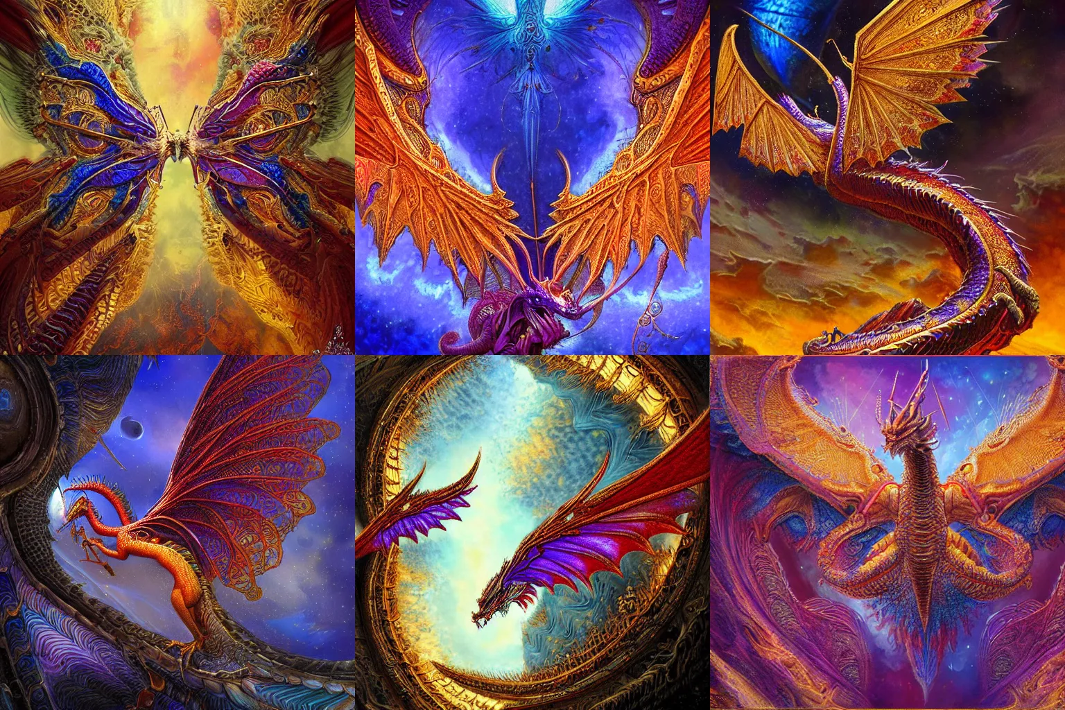 Prompt: Intricate Dragon DNA double helix with wings, red, blue, purple, intricate pattern on wings with gold filigree, magic flowing along wings, in a massive celestial palace, mandelbulb, Jean Baptiste Monge, Ralph Horsley, Brom, Golden ratio, trending on artstation, unreal engine