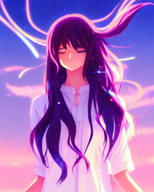 Image similar to anime style, vivid, expressive, full body, 4 k, painting, a cute magical girl with a long wavy black hair, stunning, realistic light and shadow effects, centered, simple background, studio ghibly makoto shinkai yuji yamaguchi