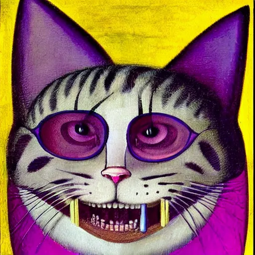 Image similar to portrait of the cat of cheshire bosch with pink and purple striped fur and a huge malicious smile by hieronymus bosch. oil on wood