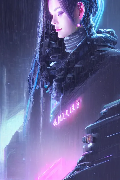 Image similar to portrait futuristic talented cyberpunk female Alchemist, in futuristic stormy heavy snowy thunder tokyo rooftop Enchantment cyberpunk night, ssci-fi, fantasy, intricate, very very beautiful, elegant, neon light, highly detailed, digital painting, artstation, concept art, soft light, hdri, smooth, sharp focus, illustration, art by tian zi and craig mullins and WLOP and alphonse mucha