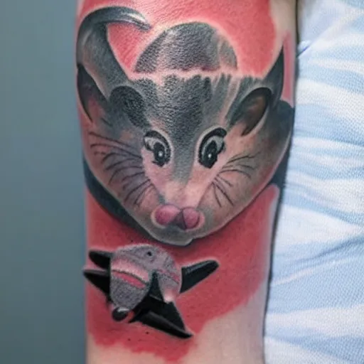 Image similar to tattoo of an opossum flying a plane