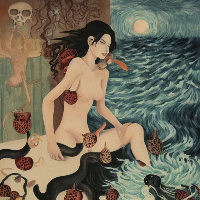 Image similar to tall female catgirl artist holding a skull in her flooded apartment, pomegranates, octopus, water gushing from ceiling, painting of flood waters inside an artist's apartment, a river flooding indoors, candles, ikebana, zen, rapids, waterfall, black swans, canoe, berries, acrylic on canvas, surrealist, by magritte and monet