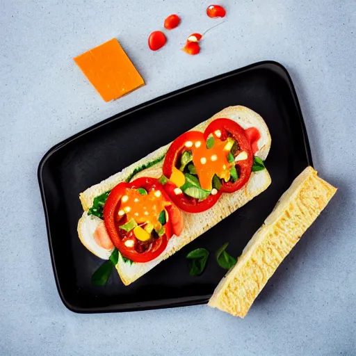 Image similar to sandwich of led lights with tofu, tomato and cheddar, studio photo, amazing light