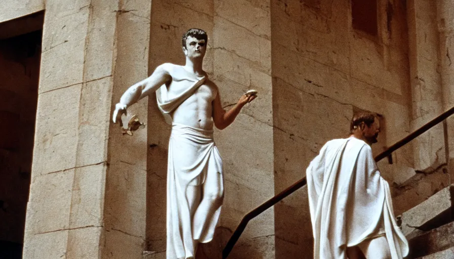 Image similar to 1 9 6 0 s movie still close - up of caligula in a white toga bleeding heavy on ancient stairs, cinestill 8 0 0 t 3 5 mm, high quality, heavy grain, high detail, dramatic light, anamorphic