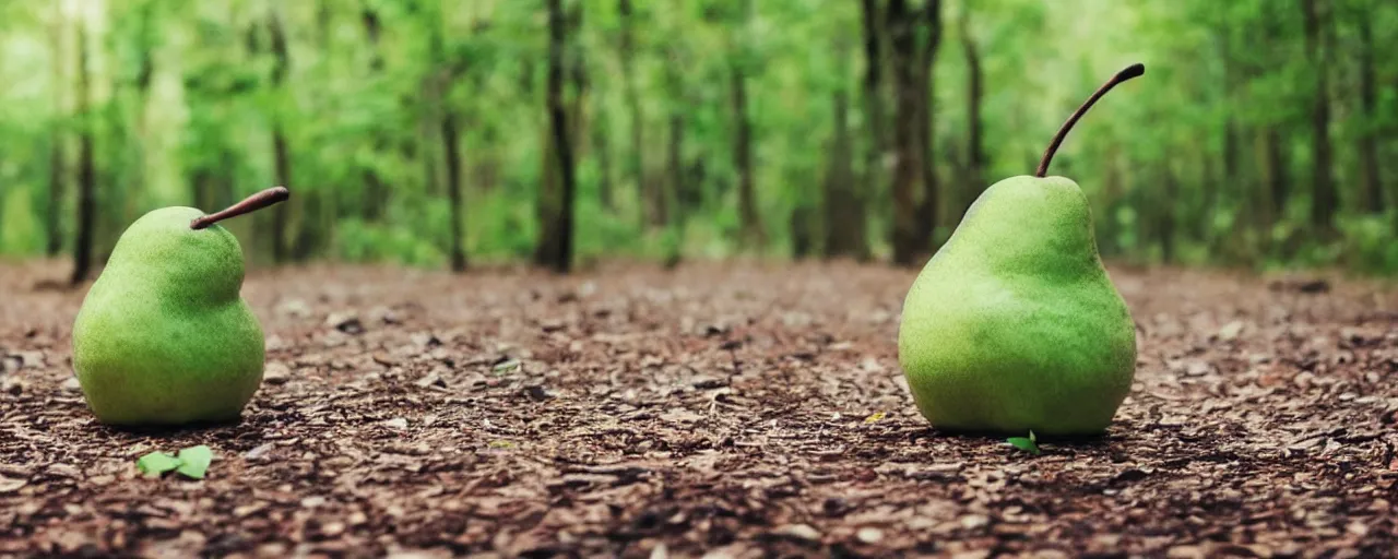 Image similar to a cute green pear animal walking in front of a forest, and looking at the camera; nature photography