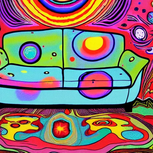 Prompt: psychedelic trippy couch pine forest planets milky way sofa cartoon by howard finster