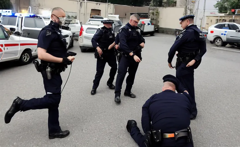 Image similar to photography of priest detained by police, flash shot, arrested and handcuffed