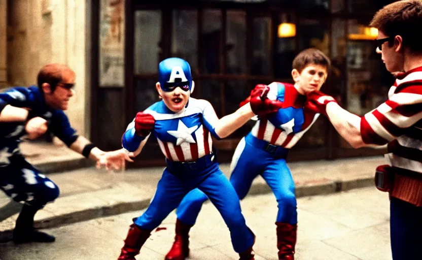 Image similar to cinestill 5 0 d candid photographic portrait by helen levitt of elton john fighting captain america in hand - to - hand combat, modern, moody, emotional cinematic, in a bar, 8 k, hd, high resolution, 3 5 mm, f / 3 2, ultra realistic faces, ex machina