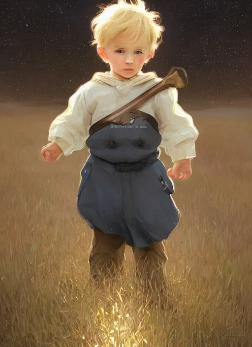 Prompt: A cute little boy with short blonde hair and a round, cherubic face. He is standing in a field at night looking up and the sky is filled with constellations. beautiful fantasy art by By Artgerm and Greg Rutkowski and Alphonse Mucha, trending on artstation.