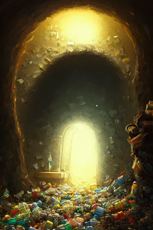 Image similar to , Tunnel made of trash, end of tunnel an image of a clean brightly lit room, fantasy, intricate, elegant, highly detailed, digital painting, artstation, woamn is curved, concept art, smooth, sharp focus, illustration, art by Ilja Repin